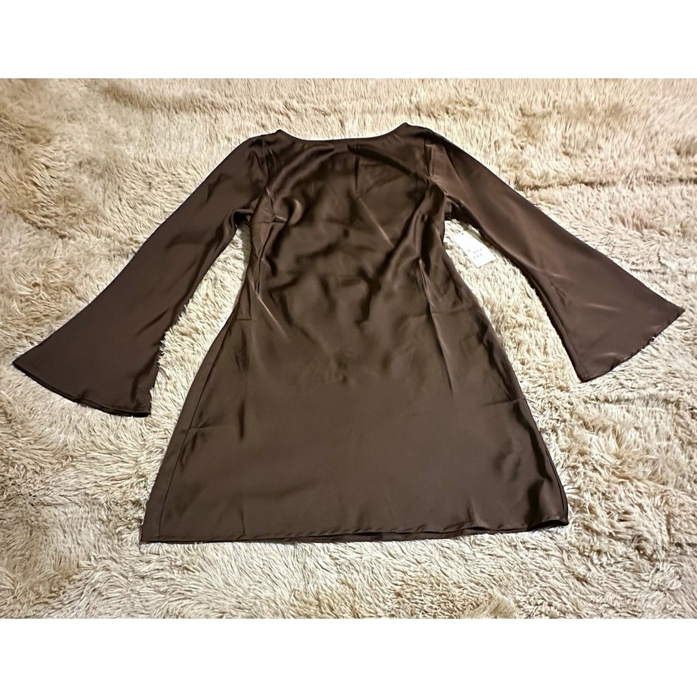 A New Day Brown Satin V-Neck Long Bell Sleeve Short A-Line Dress, M